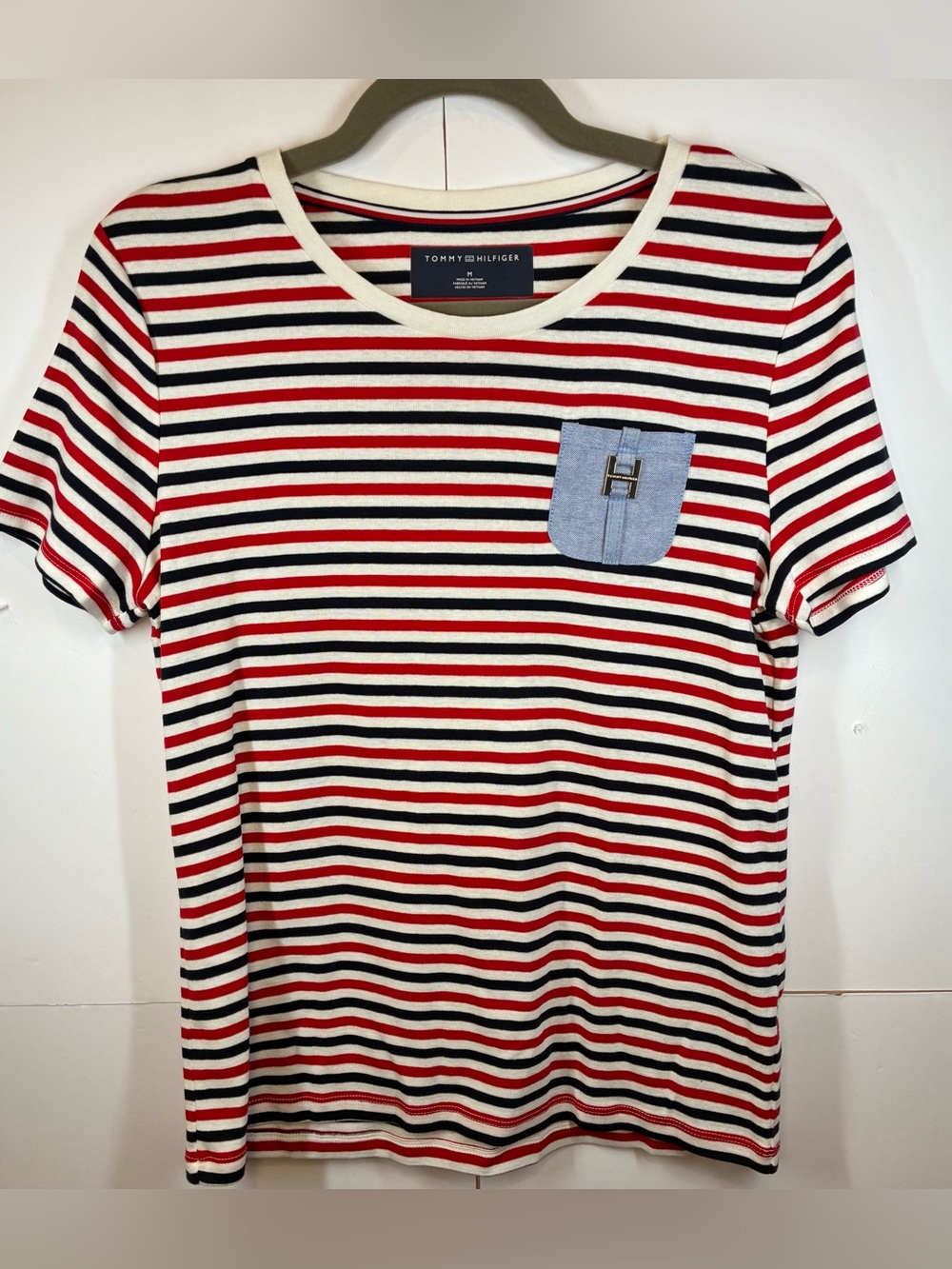 Tommy Hilfiger Striped Cotton Tee Shirt Blue Logo Pocket Size Medium